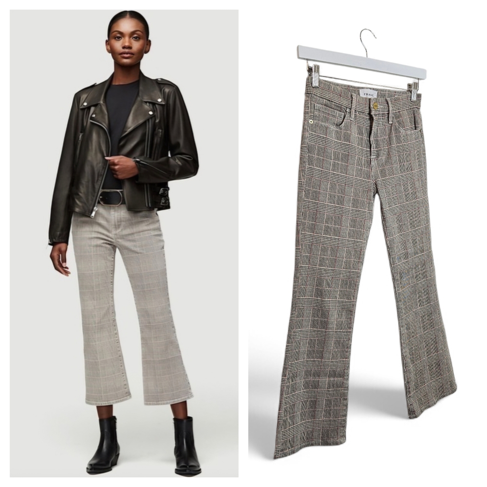 FRAME Jeans 24 Le Crop Mini Boot Washed Plaid Houndstooth Kick Flare Black Ivory
